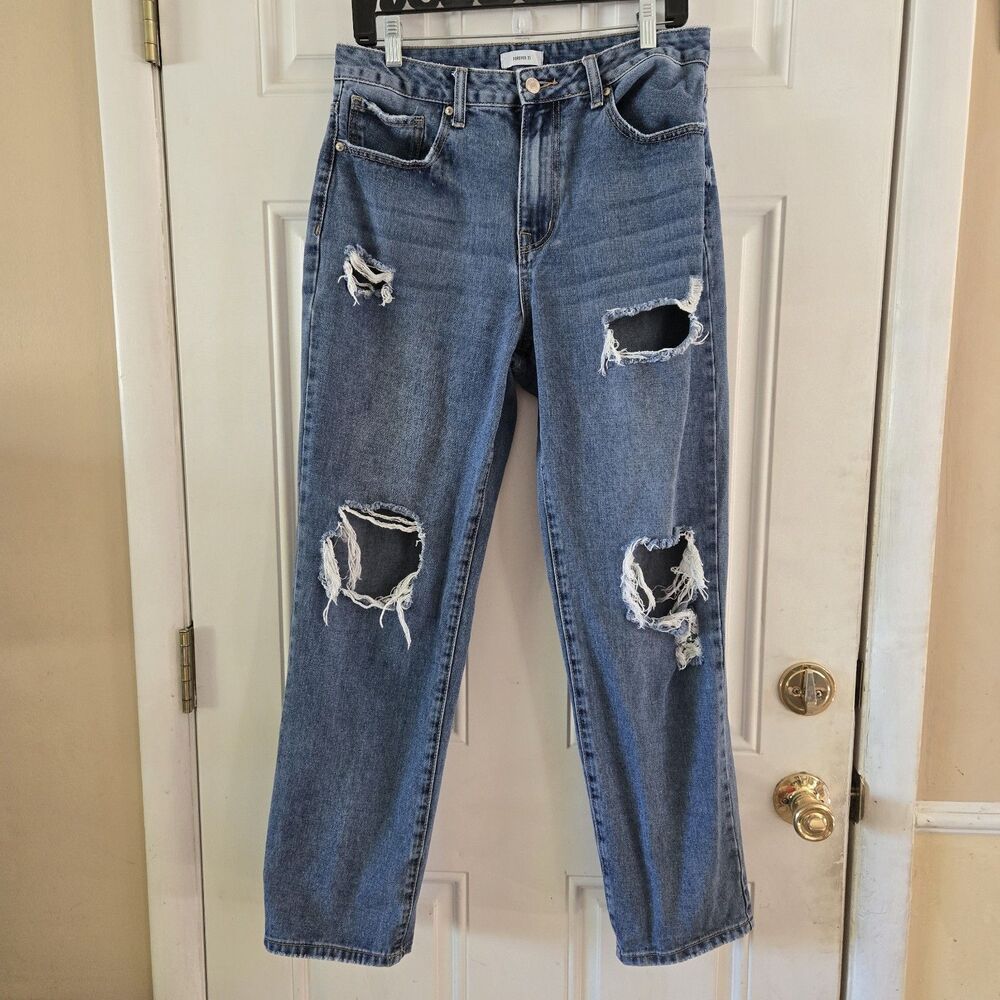 Forever 21 Womens Straight Leg Distressed Ripped Jeans Blue Size 29 Y2K Denim